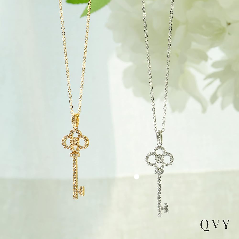 QVY Key Pendant Necklace for Women 14K Gold Plated Cubic Zirconia